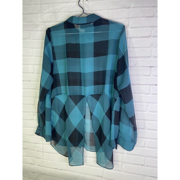 Lane Bryant Plus Size Womens 14 16 Plaid Sheer Button Up Split Back Blouse Top - Picture 2 of 9